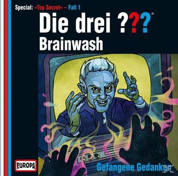 Cover für Die drei ??? Brainwash. Zeigt einen Mann auf einem Bildschirm und Hände, die sich ausstrecken.