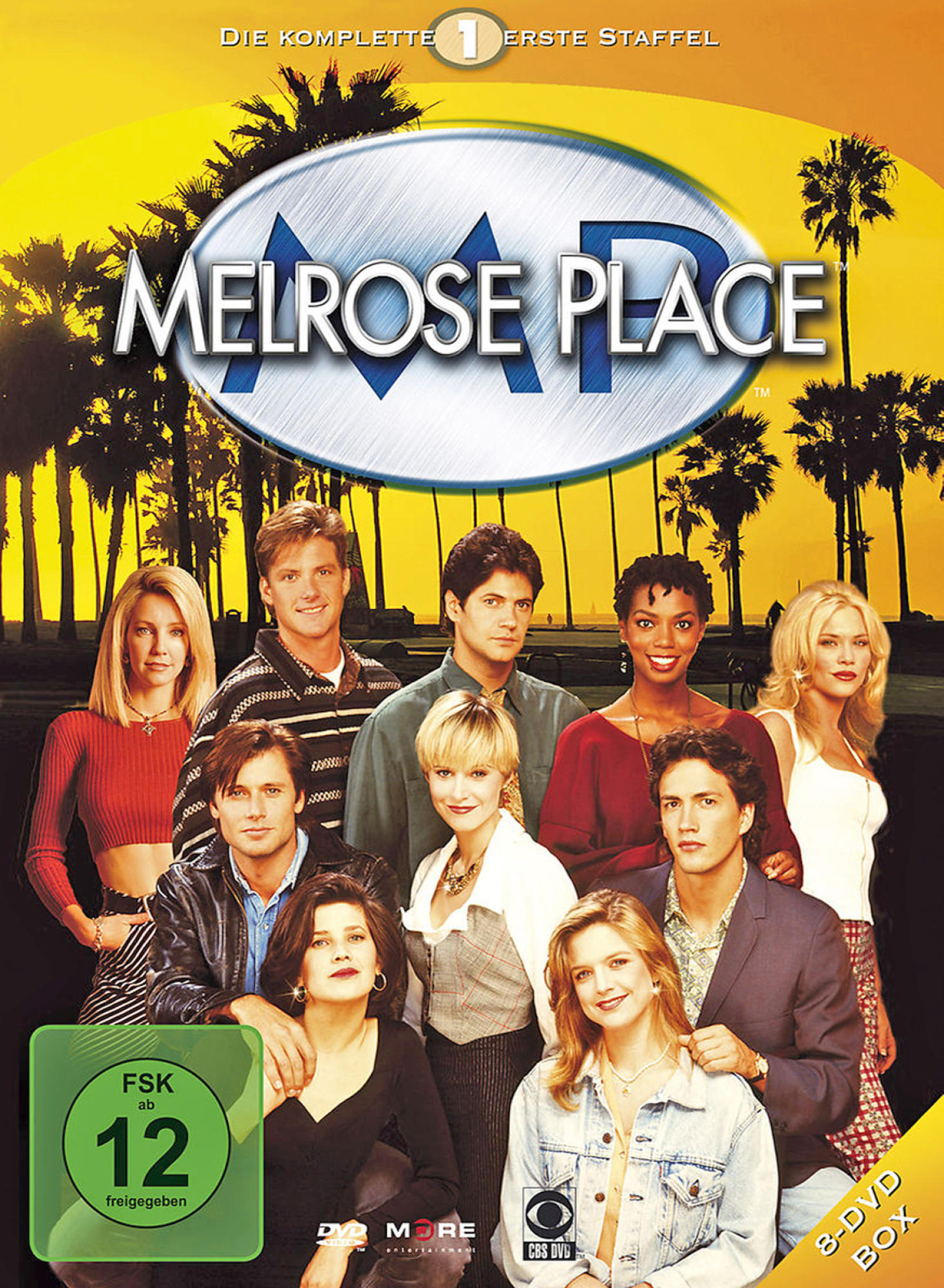 DVD-Cover von 'Melrose Place' mit einer Gruppe von Leuten vor einem Sonnenuntergang.