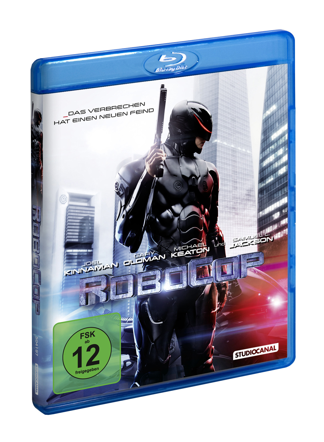 Blu-ray-Cover von Robocop. Ein Roboter hält eine Waffe, Stadtlandschaft im Hintergrund. Blau- und Schwarztöne.