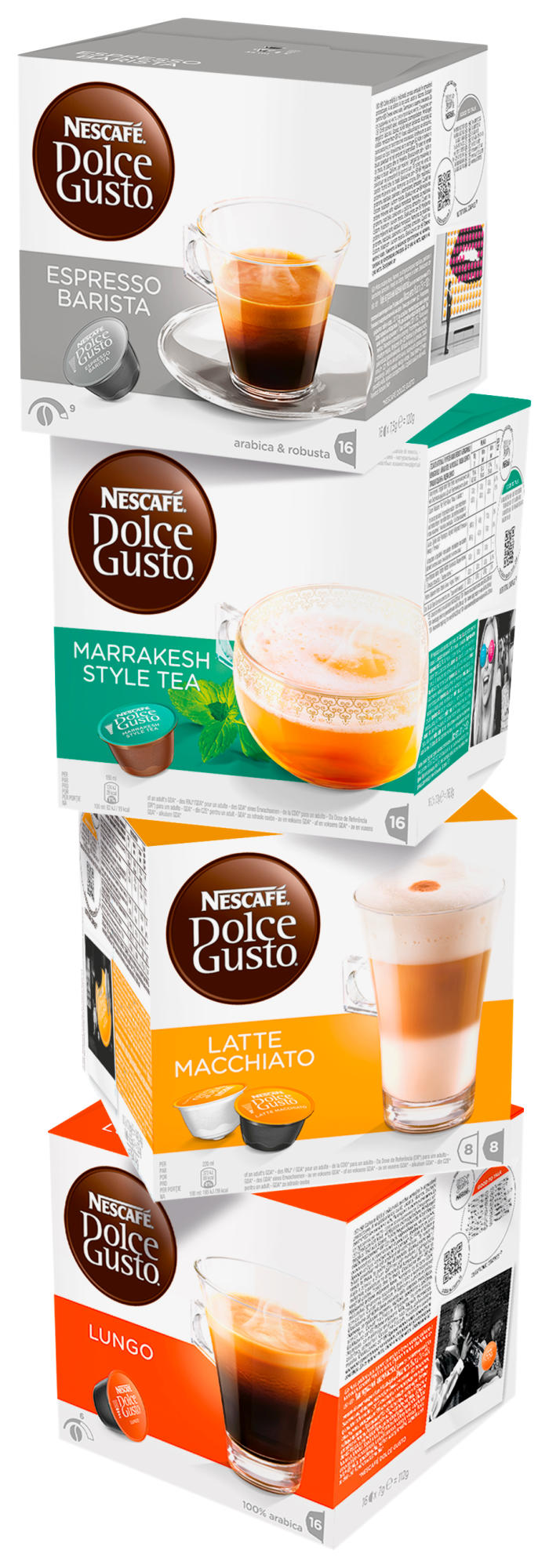 Quatre boîtes empilées de dosettes de café Nescafé Dolce Gusto, chacune avec des images de tasses à café.