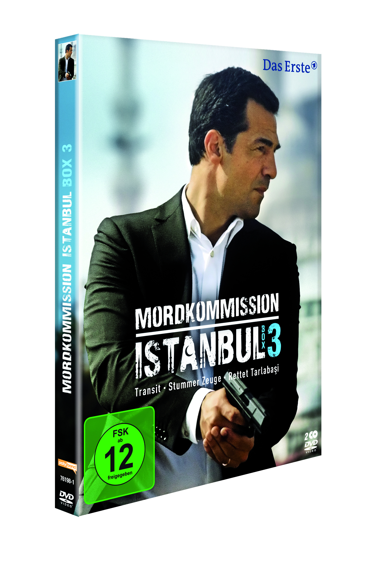 DVD-Box von Mordkommission Istanbul 3. Ein Mann im Anzug hält eine Pistole, mit Stadtkulisse.