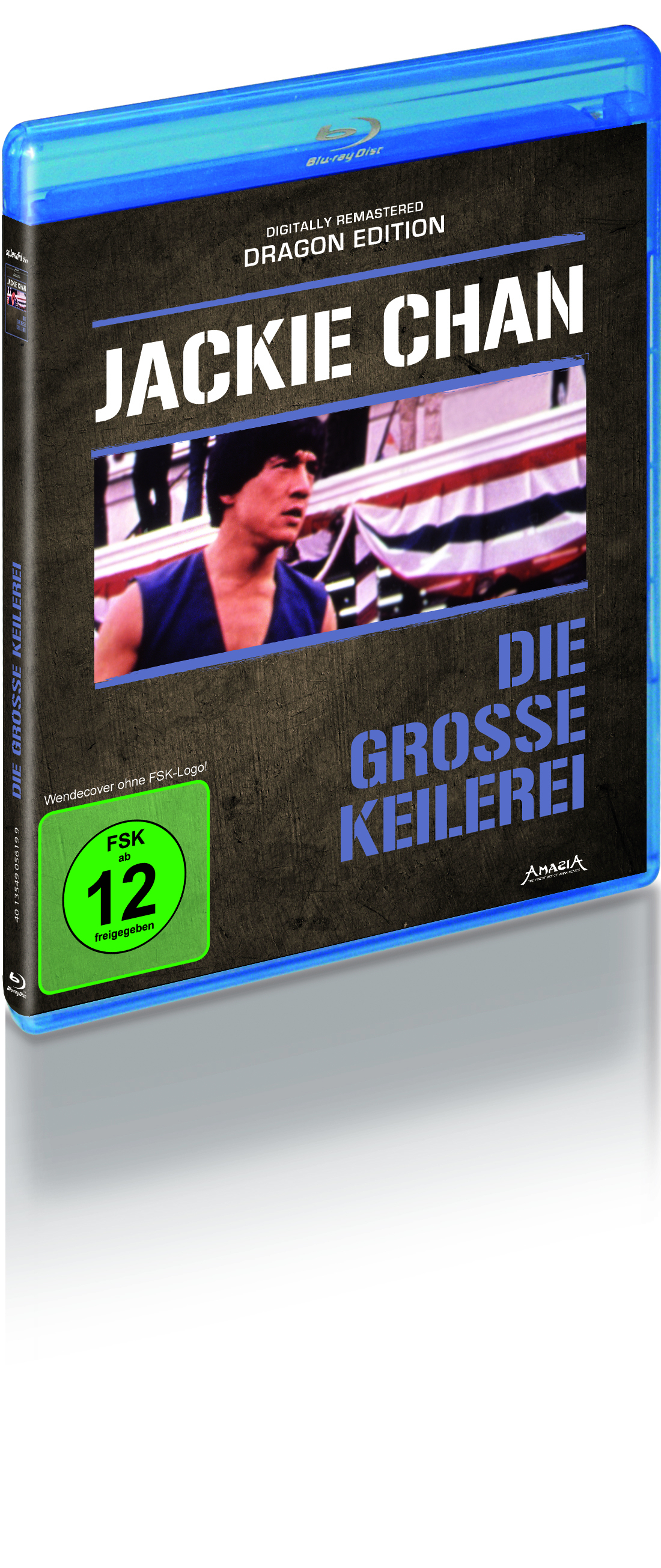 DVD-Cover, Jackie Chan am Filmset. Text sagt 'Die Grosse Keilerei' und 'Dragon Edition'.