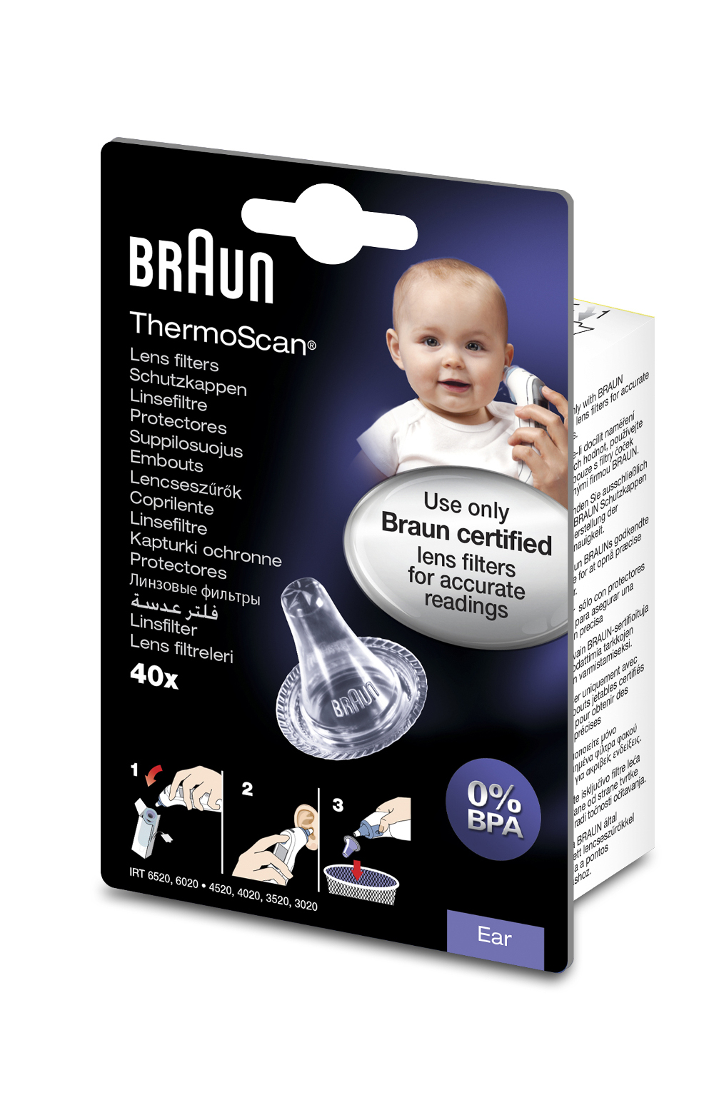 Scatola dei filtri per lenti Braun ThermoScan con foto di un bambino. Testo: Braun ThermoScan, filtri per lenti, usare Braun certificato.