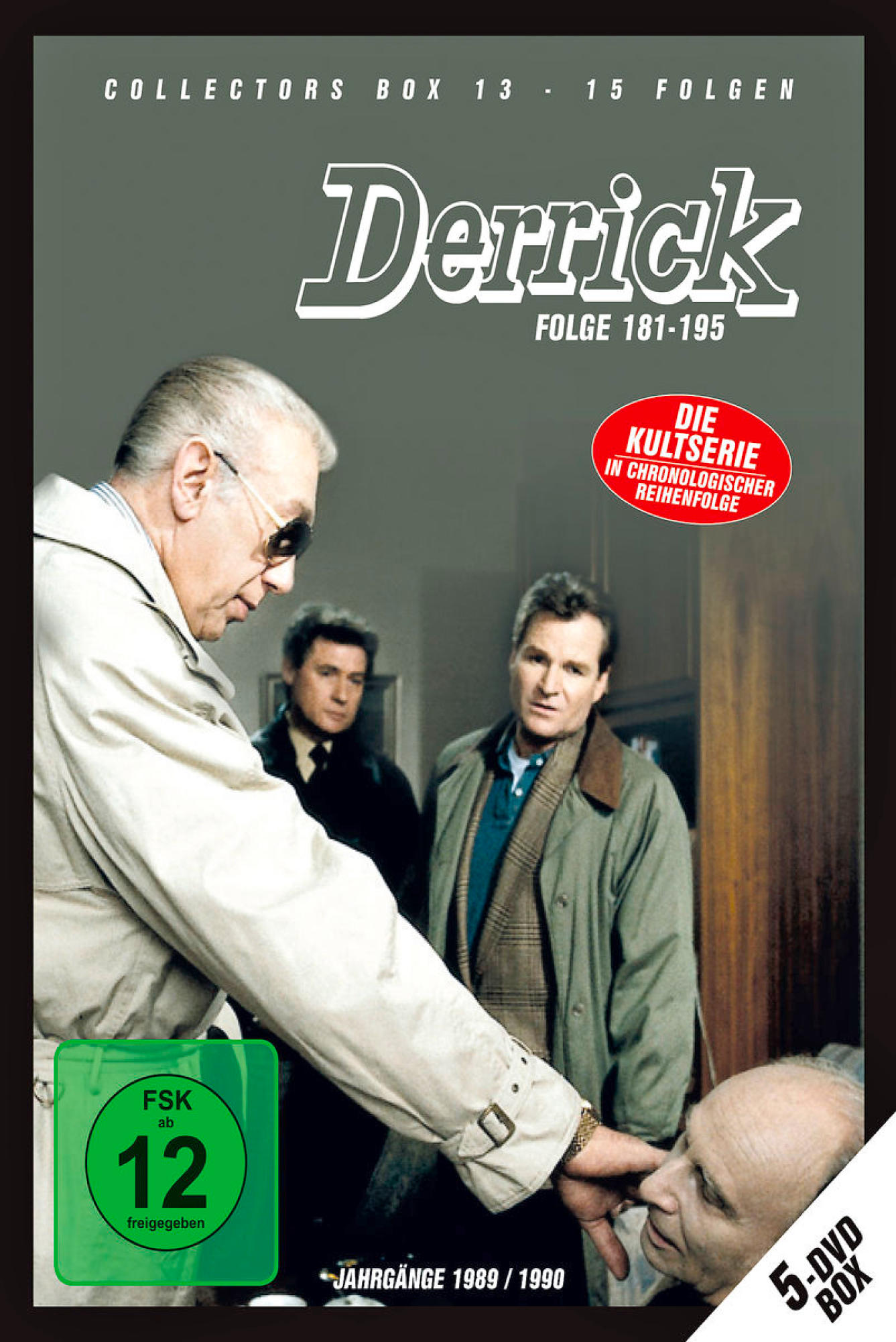 DVD-Box-Set, Derrick-TV-Serie. Drei Männer in einem Raum, einer zeigt. Titel und Episodendetails sind sichtbar.