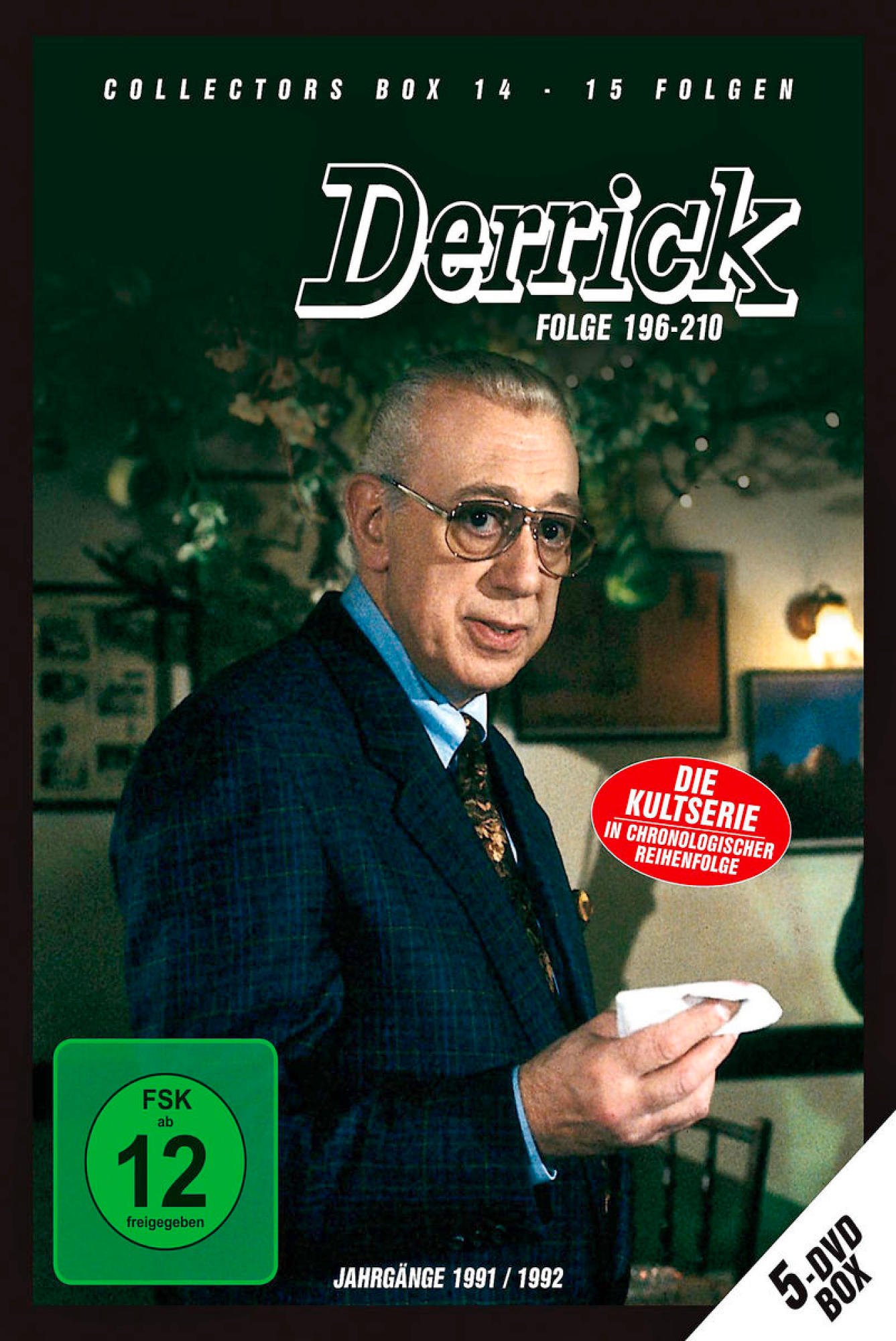 DVD-Cover mit einem Mann mit Brille, einem Anzug und dem Text: 'Derrick', dem Titel einer Fernsehserie.