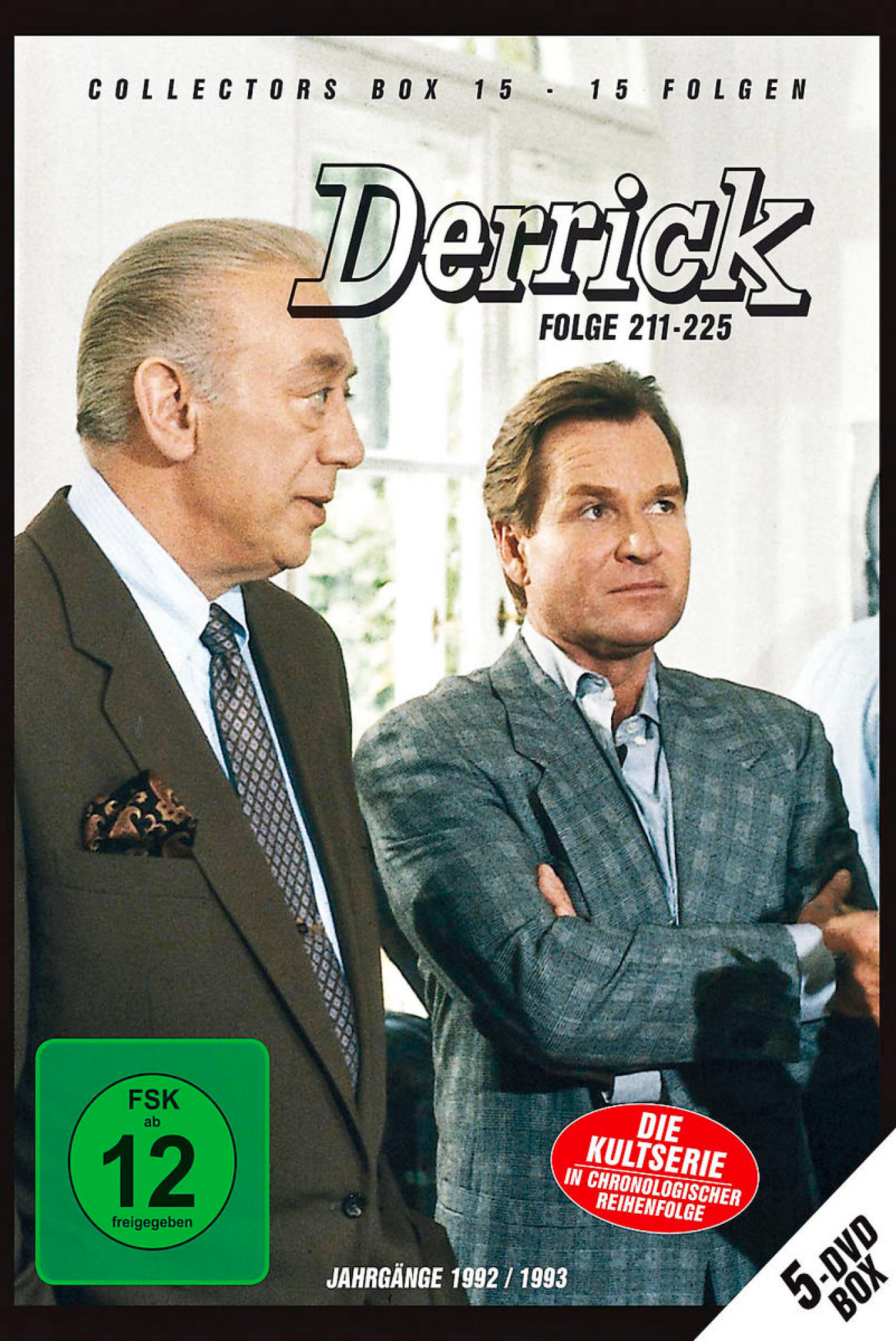DVD-Cover für die Fernsehserie "Derrick" mit zwei Männern in Anzügen.