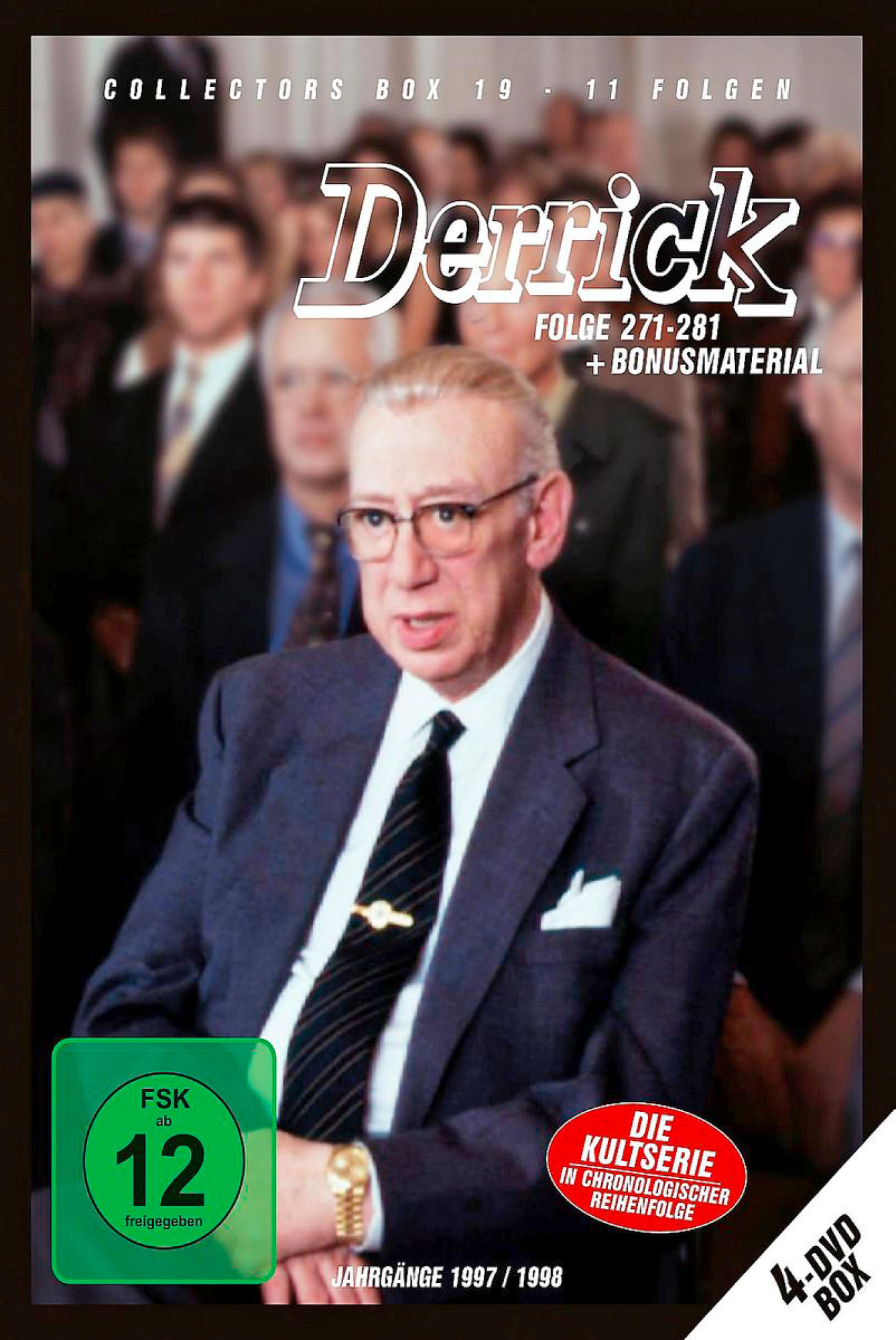 DVD-Cover. Ein Mann im Anzug, ein grüner Altersfreigabe-Aufkleber und Text. Dunkler Hintergrund.