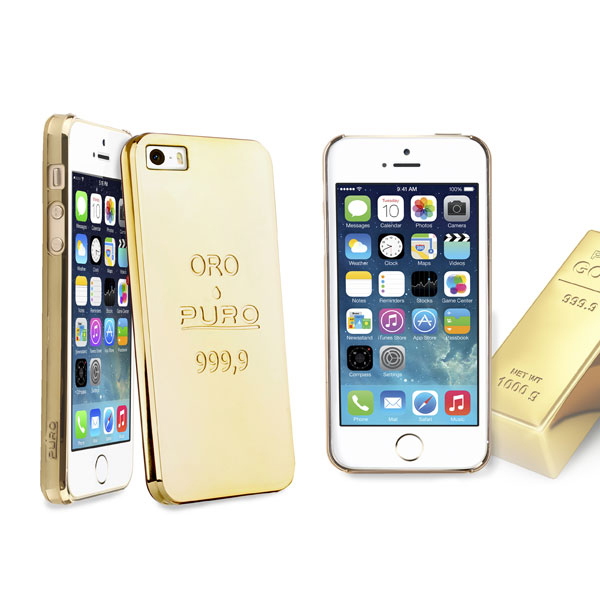 Trois iPhones dorés, un avec étui doré, un montrant l'écran et un lingot d'or. 'ORO PURO' sur l'étui.