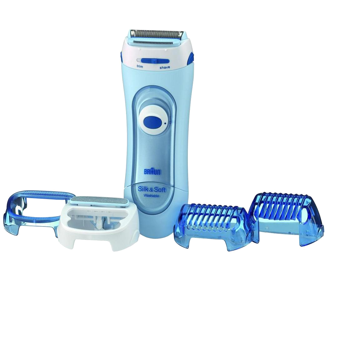 Braun Silk & Soft epilátor készlet. Egy kék epilátor és több tartozék fekete háttérrel.