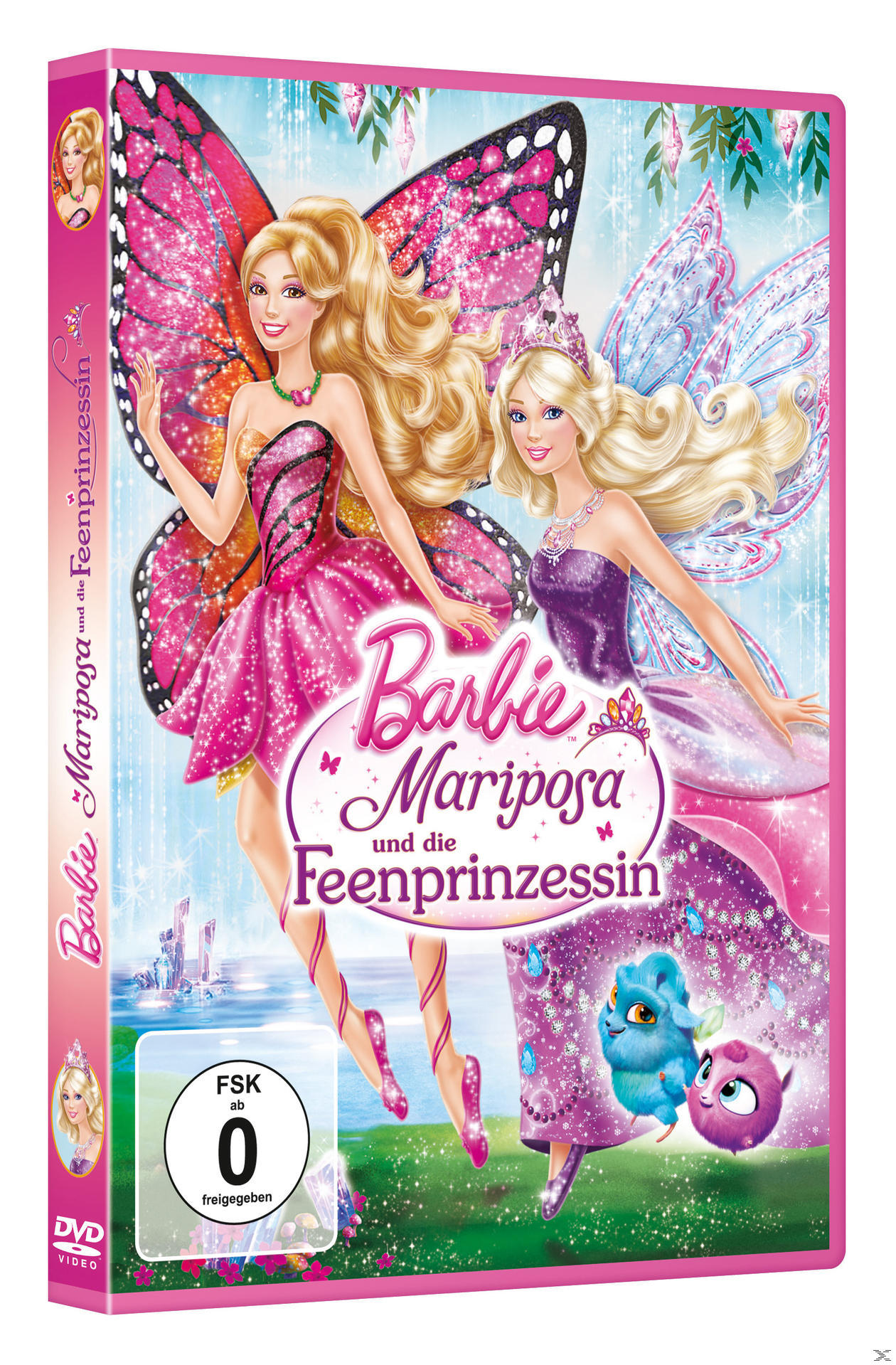 Barbie Mariposa DVD-Cover mit zwei Barbie-Figuren und einem Schmetterling.