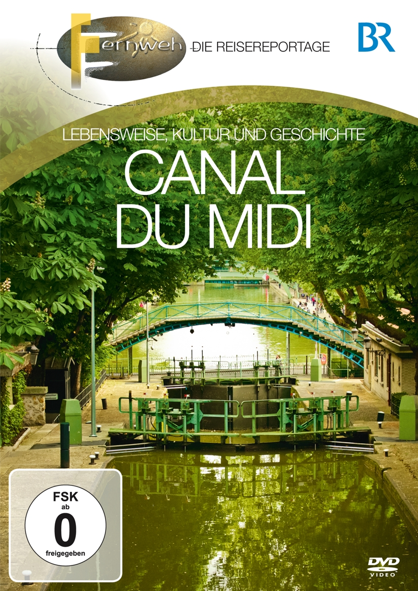 DVD-Cover: Canal du Midi, Wasserweg mit Brücke, grünen Bäumen und Gebäuden.