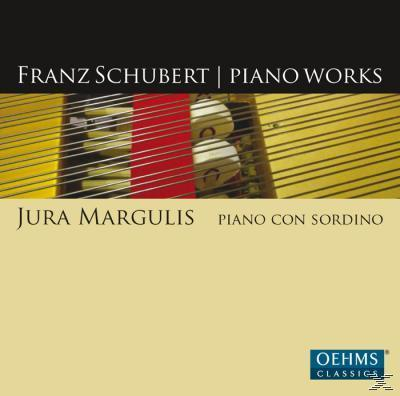 Albumcover für Franz Schuberts Klavierwerke, mit Klaviersaiten und Tasten.