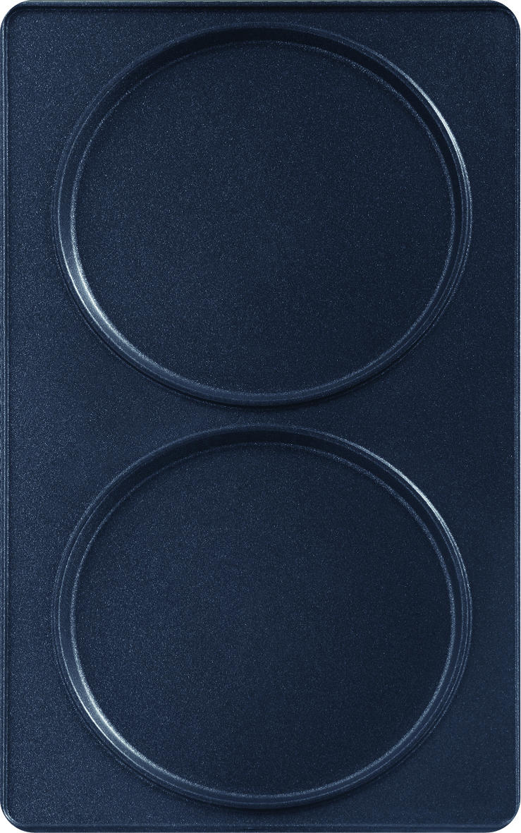 Vassoio in metallo blu scuro con due incavi circolari, vista dall'alto, su una superficie piana.