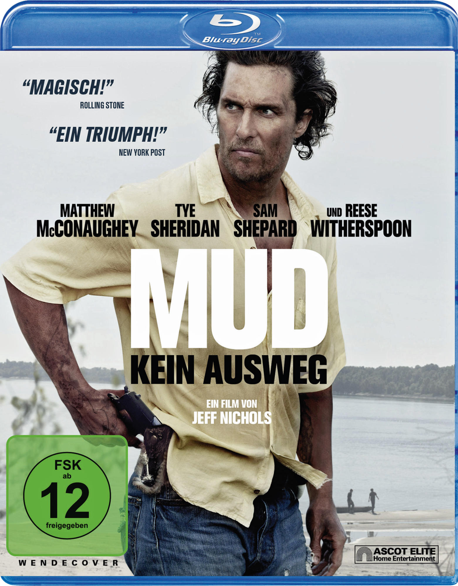 Filmcover, Matthew McConaughey, ein Mann, der eine Waffe hält, der Titel lautet 'Mud'.