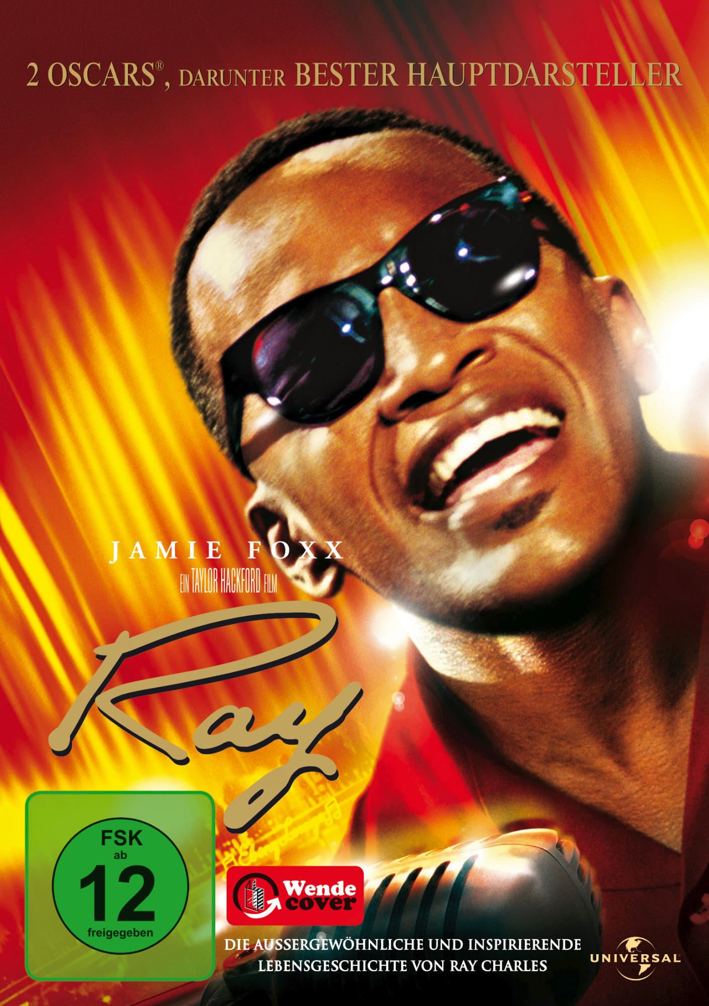 Filmposter für 'Ray'. Jamie Foxx lächelt und trägt eine Sonnenbrille. Der Hintergrund ist rot. Text ist auf Deutsch.
