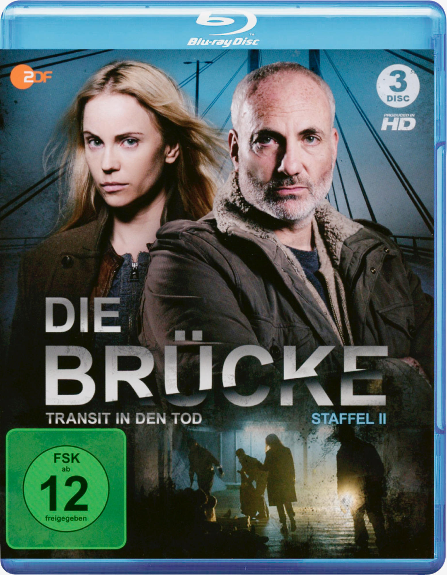DVD-Cover von Die Brücke, zwei Personen schauen den Betrachter an. FSK 12.