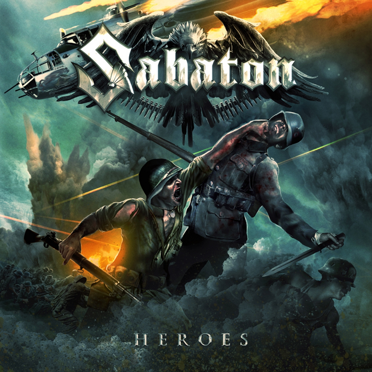 Albumcover: Zwei Soldaten kämpfen, mit Helikopter und Adler. Text: SABATON, HEROES.