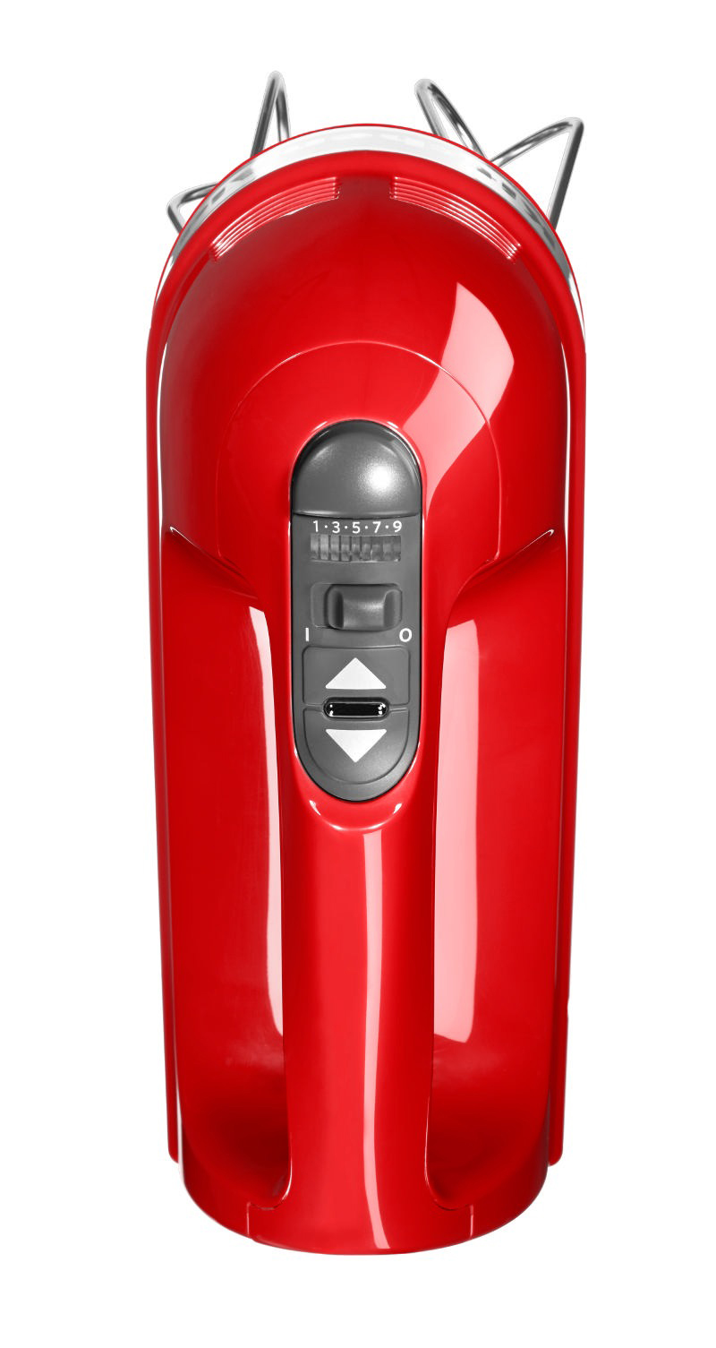 Roter Handmixer, Draufsicht, mit Geschwindigkeitseinstellungen, glänzend, metallische Akzente.