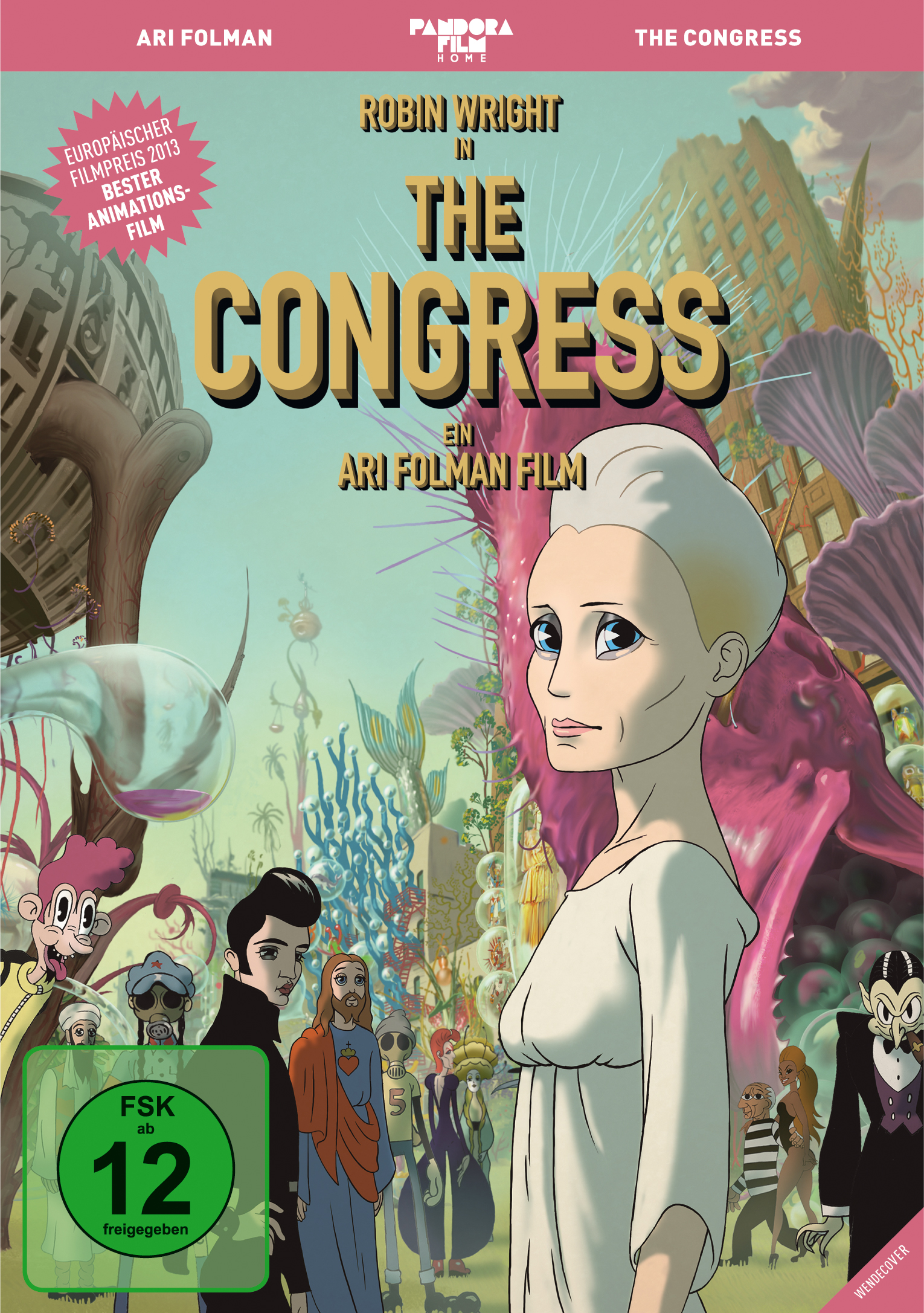 Filmposter für The Congress, Cartoon-Frau, bunter Hintergrund mit Figuren, Text oben.