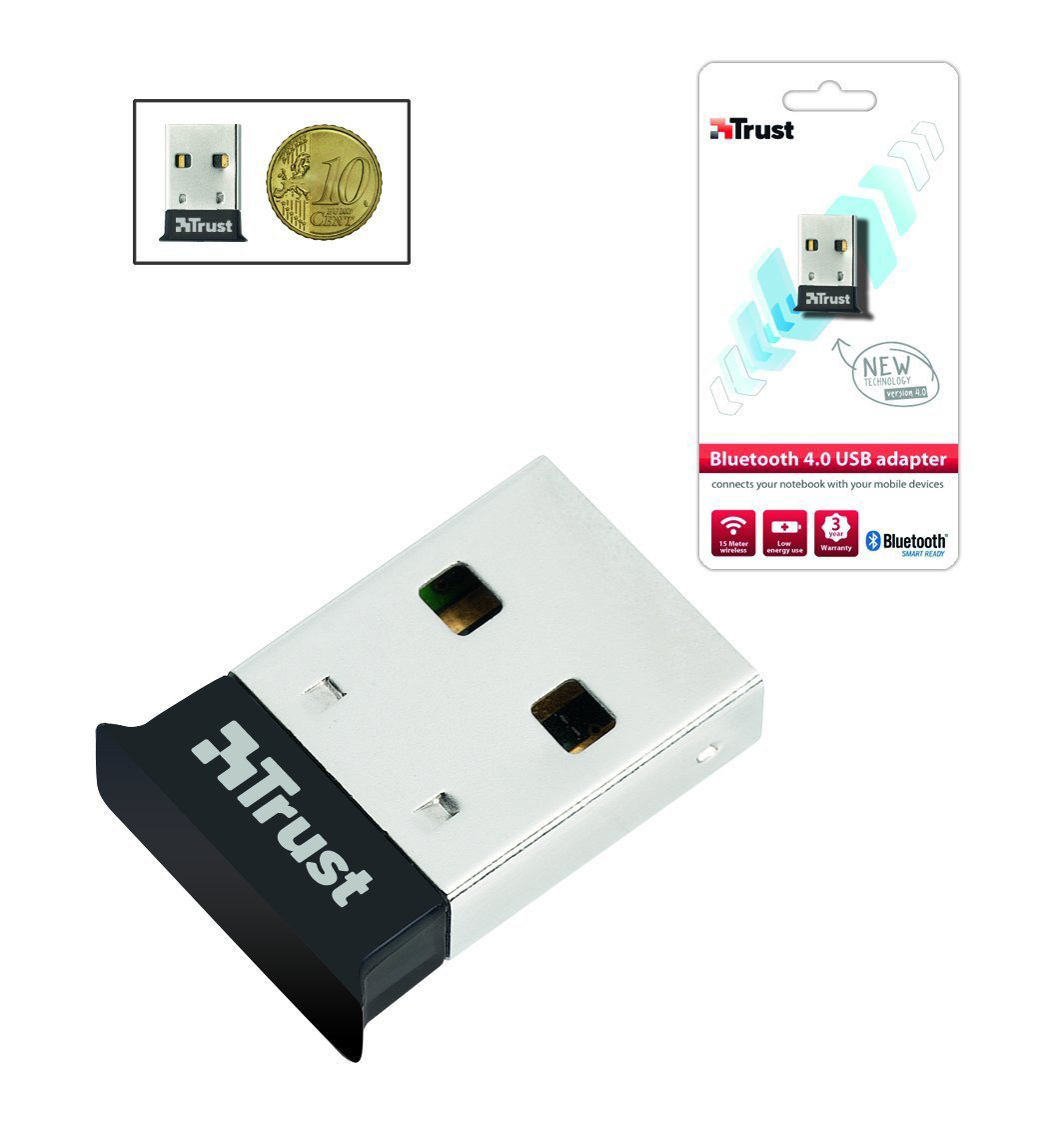 Trust Bluetooth 4.0 USB-Adapter. Zeigt einen USB-Adapter, eine Münze und die Verpackung.