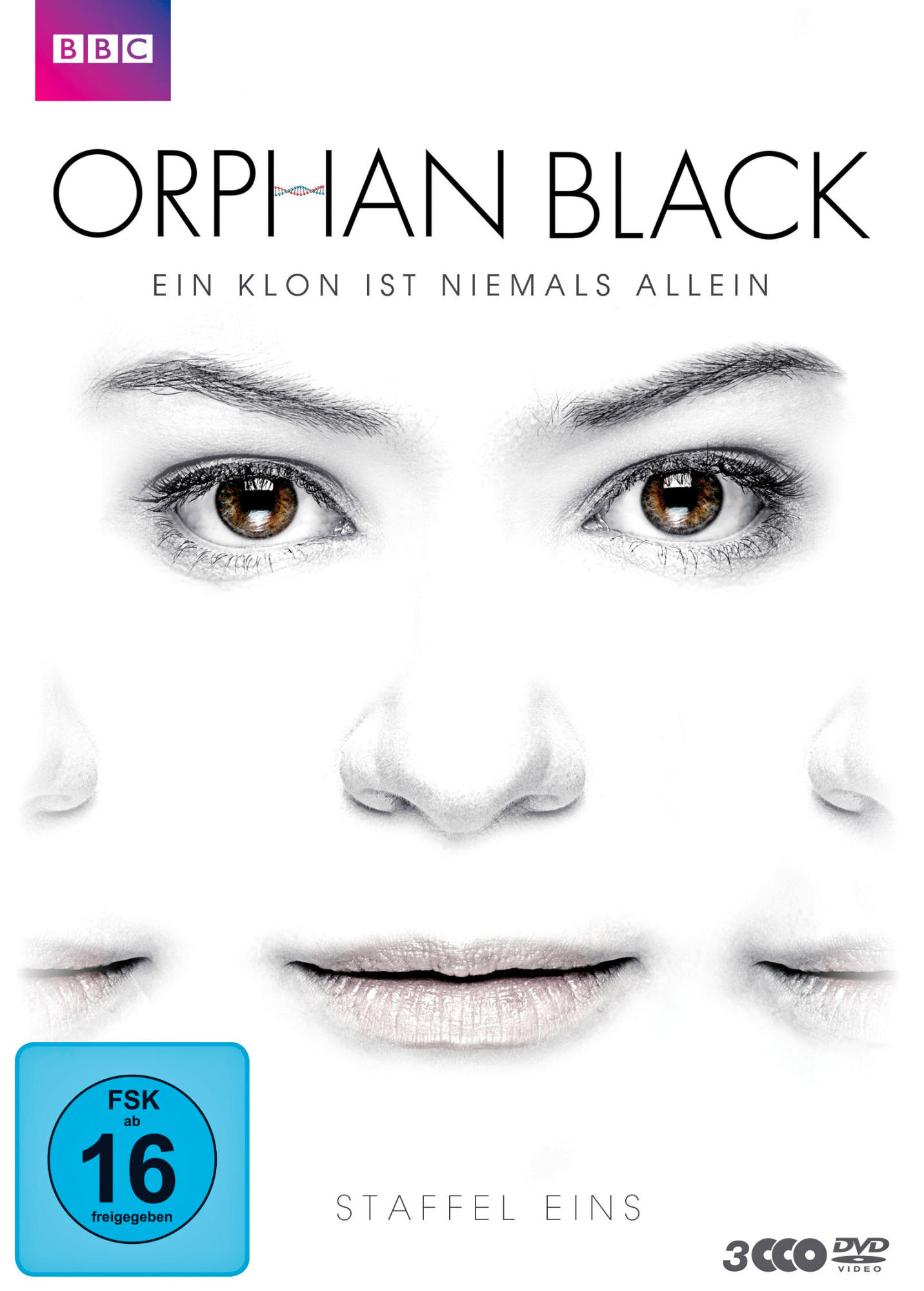 DVD-Cover von Orphan Black mit dem Gesicht einer Frau und mehreren Bildern.