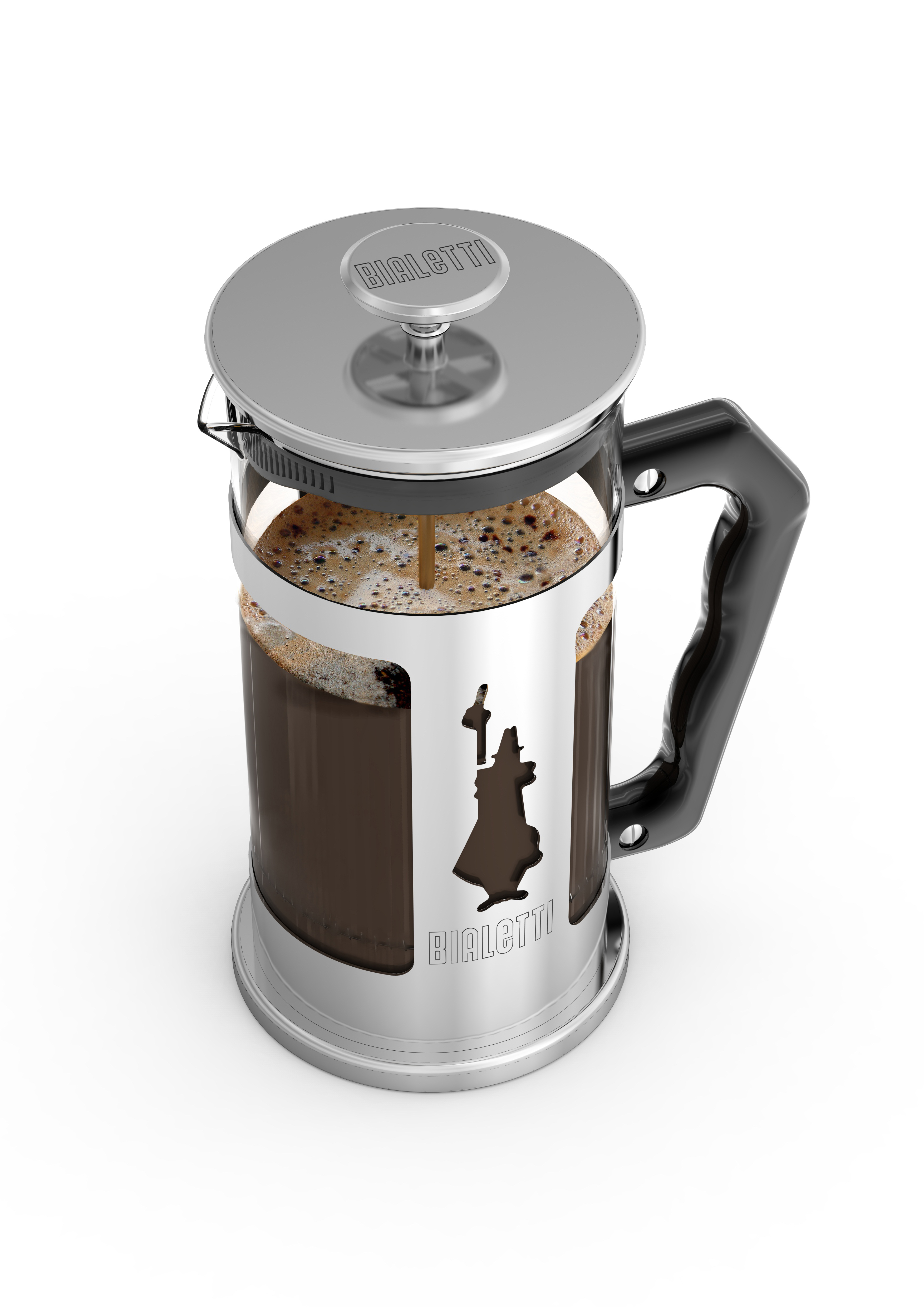 Ein Bialetti French Press Kaffeebereiter mit Kaffee im Inneren und einem schwarzen Griff.