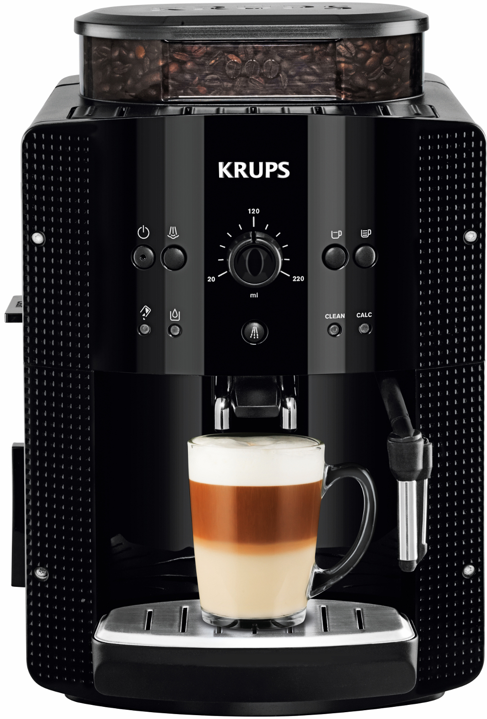 Schwarze KRUPS Kaffeemaschine mit einer Glas-Tasse, zwei Drehreglern und einem Bohnenbehälter.