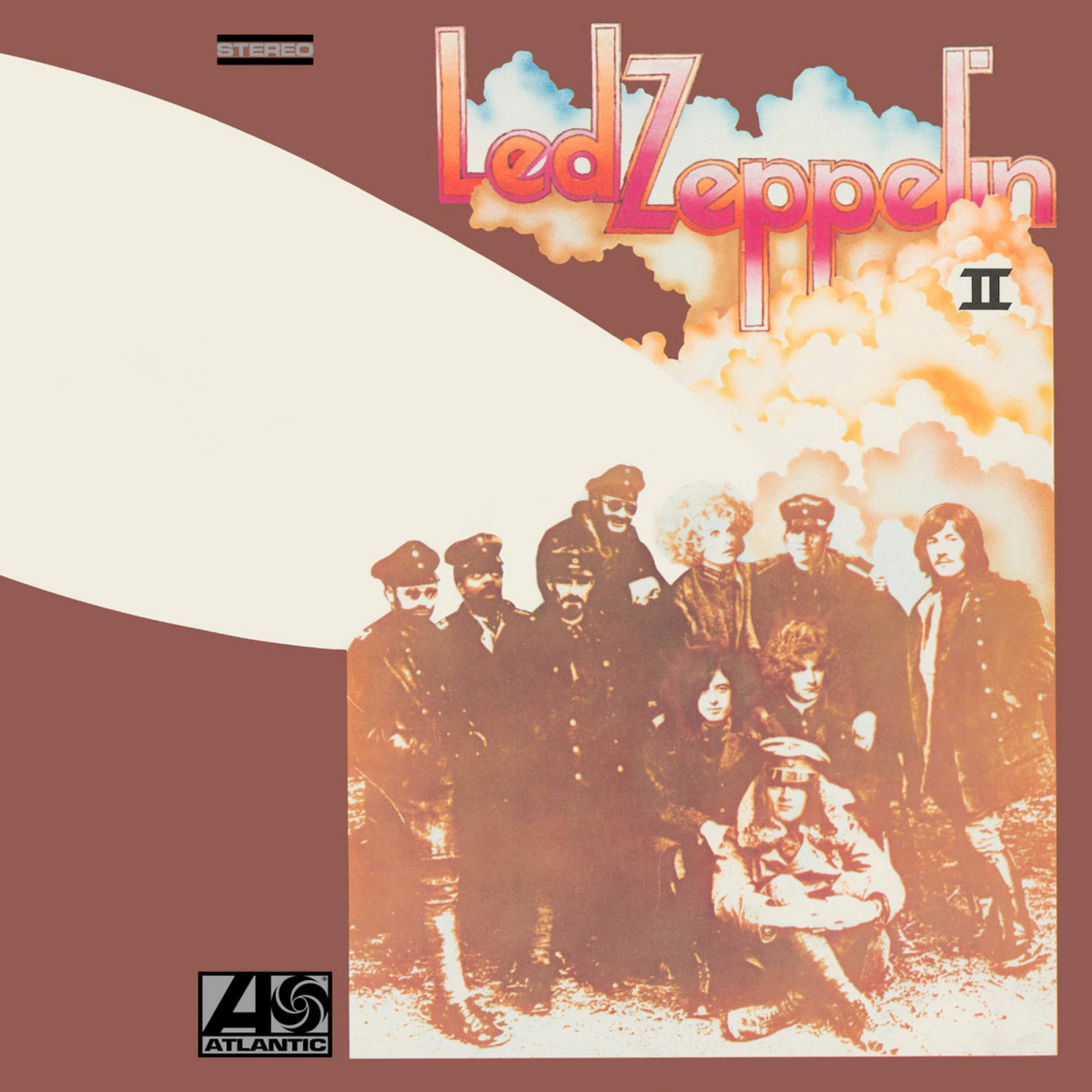 Led Zeppelin II Albumcover mit einer Gruppe Männer in dunkler Kleidung. Braun- und Beigetöne.