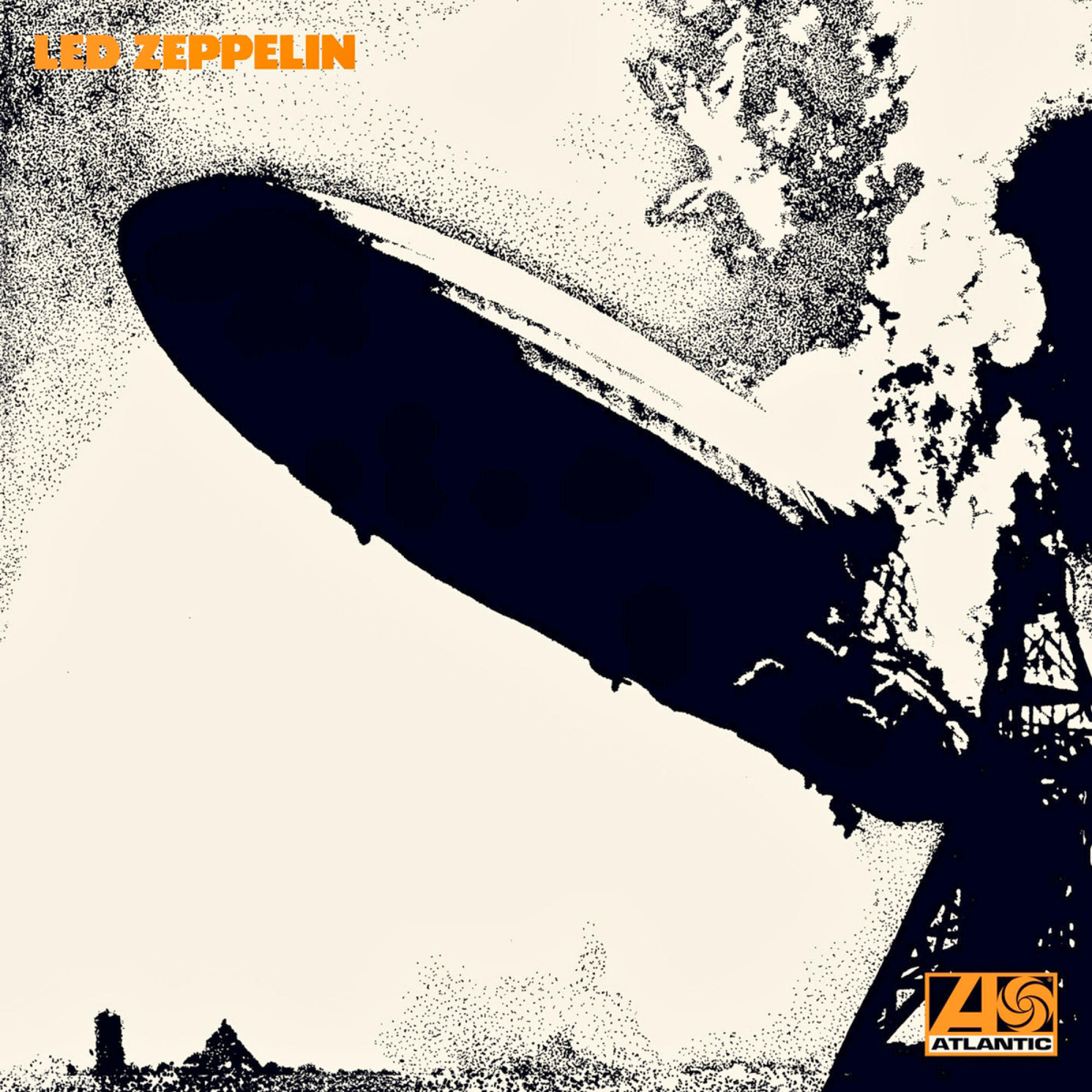 Led Zeppelin Albumcover. Ein Schwarz-Weiß-Bild eines brennenden Luftschiffs.