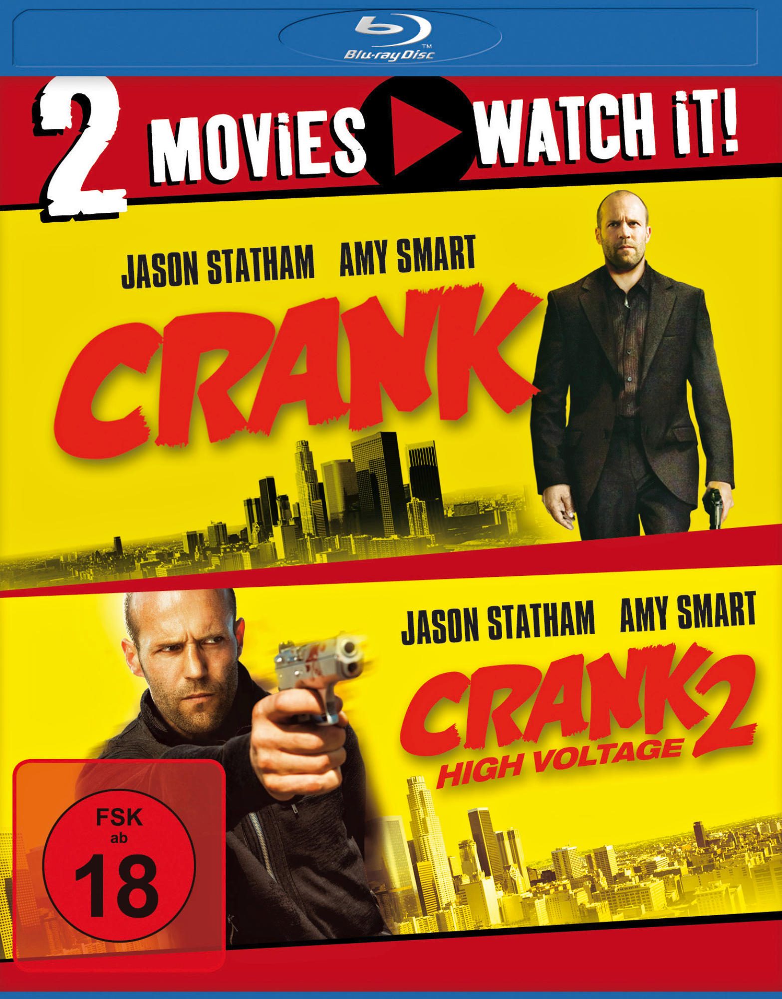 DVD-Cover mit Jason Statham und Amy Smart aus den Filmen Crank und Crank 2.