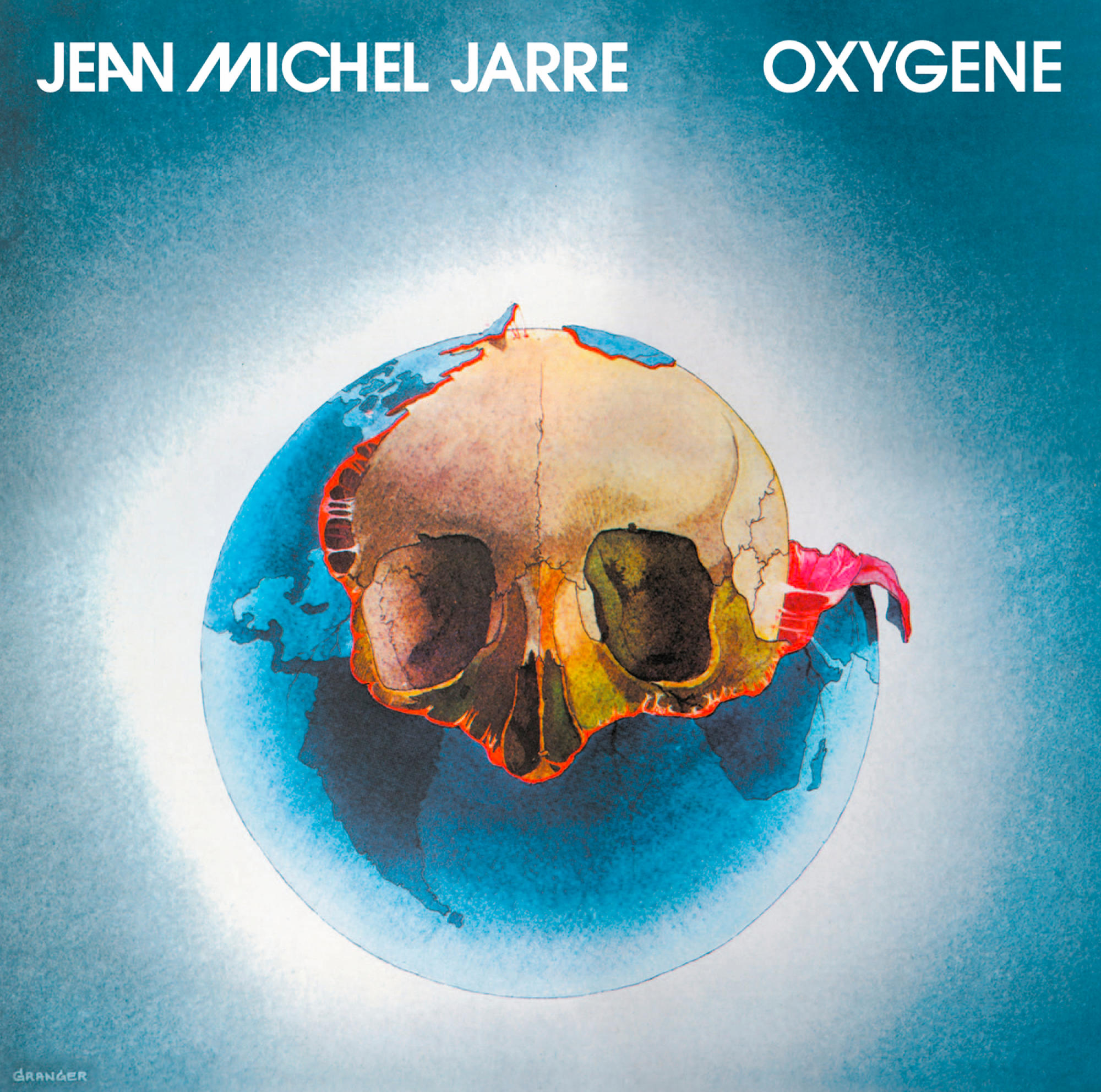 Albumcover: Jean Michel Jarre, Oxygene. Schädel in einem blauen Globus, blauer Hintergrund.
