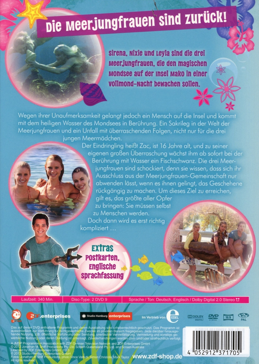 DVD-Cover mit Meerjungfrauen und Text auf Deutsch. Ein kleines Bild einer DVD. Logo.