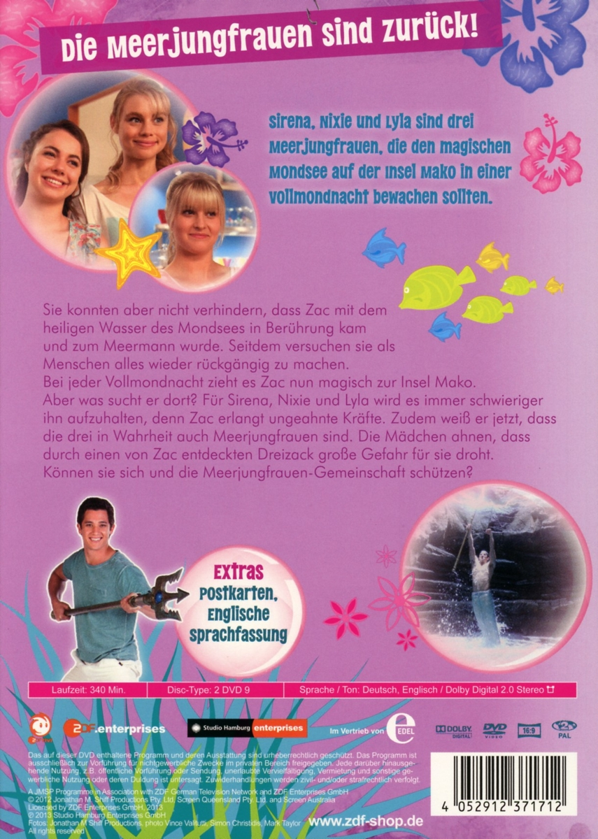 DVD-Cover mit Meerjungfrauen und Text auf Deutsch. Enthält Bilder von Frauen und Cartoon-Fischen.