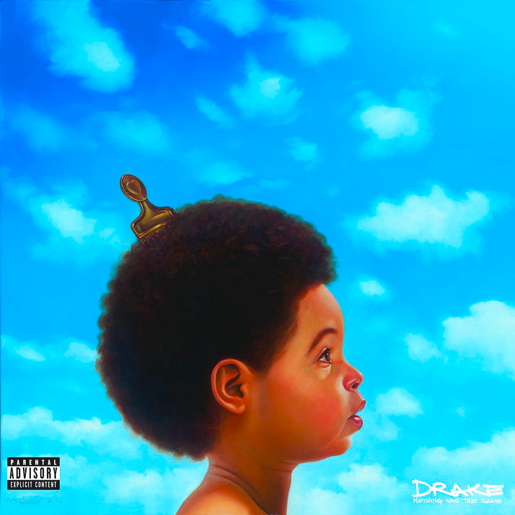 Albumcover. Kinderporträt, blauer Himmel und goldener Pinsel auf dem Kopf.