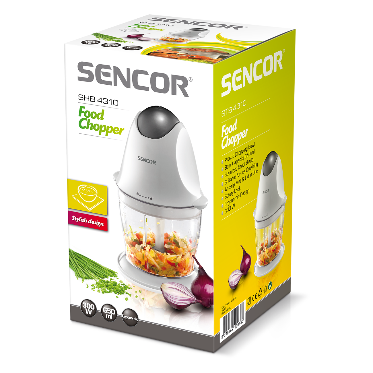 SENCOR Food Chopper doboz, fehér aprító, aprított zöldségek belül.