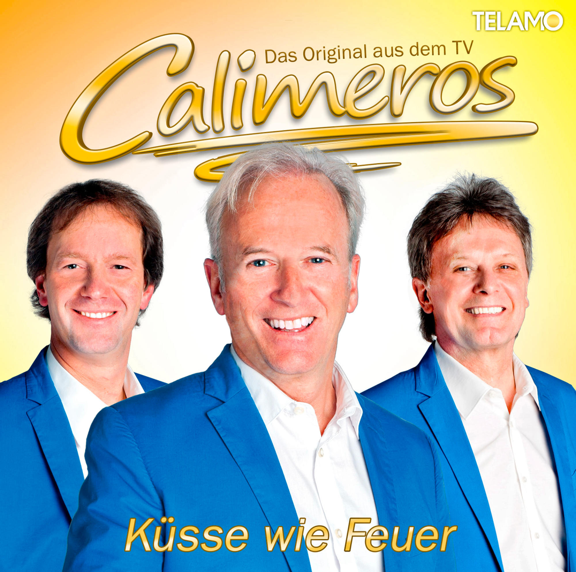 CD-Cover, drei Männer in blauen Anzügen, lächelnde Gesichter, gelber Hintergrund.
