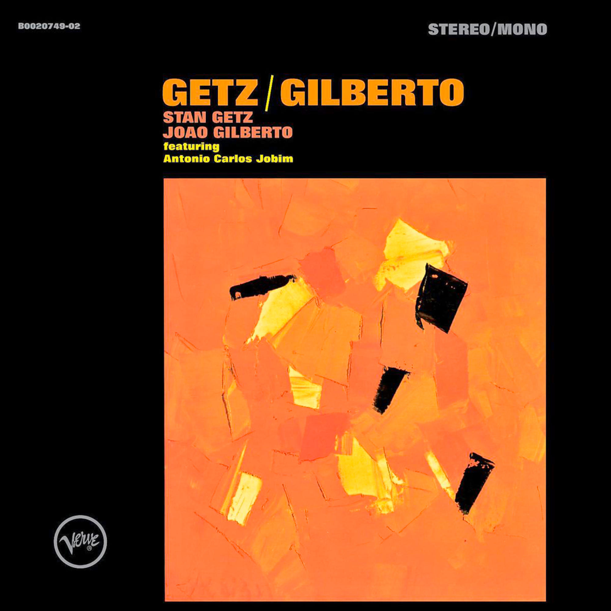 Albumcover, orange abstrakte Kunst auf schwarzem Hintergrund mit Bandnamen.