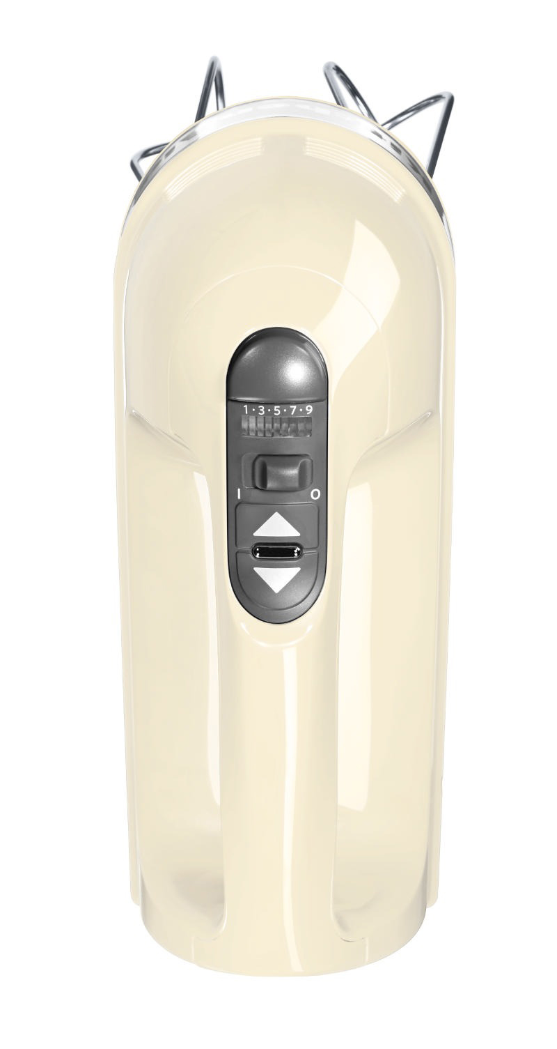 Cremefarbener Handmixer mit Geschwindigkeitseinstellungen und einem Netzschalter.