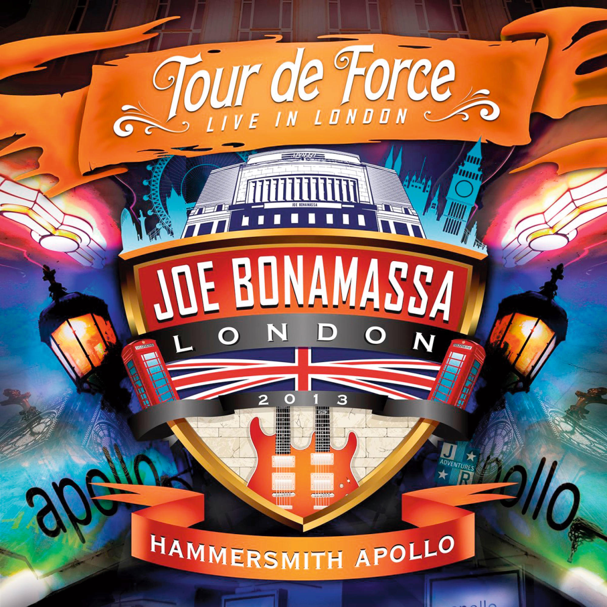 Joe Bonamassa Konzertplakat. Es steht 'Tour de Force Live in London'. Rote Gitarren sind abgebildet.