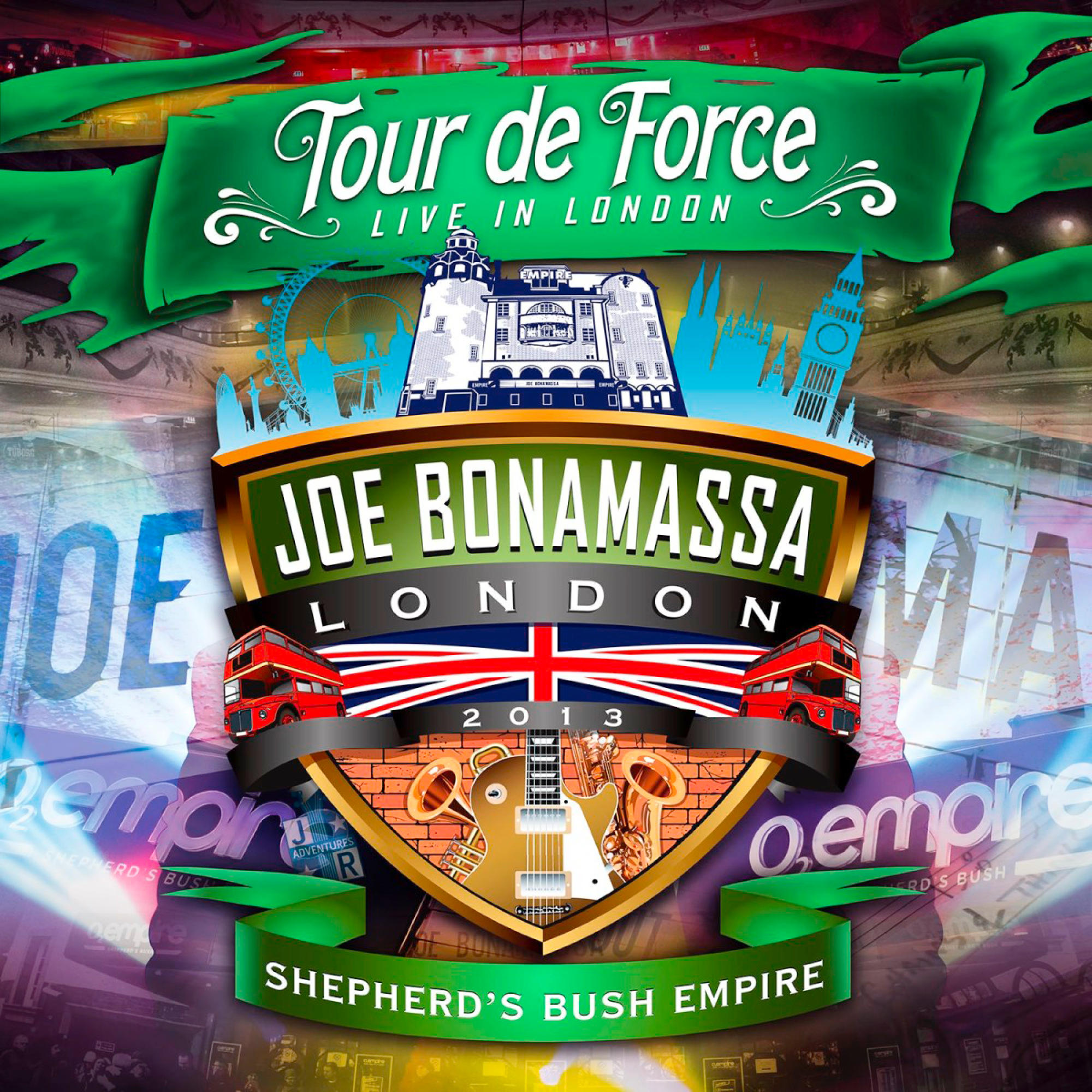 Joe Bonamassa Live in London Poster: rote Doppeldeckerbusse, Union Jack und eine Gitarre.