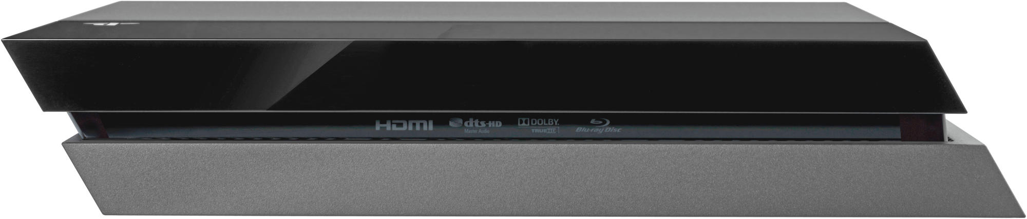 Schwarze Playstation 4 Konsole, mit HDMI, DTS, Dolby und Blu-ray Logos.