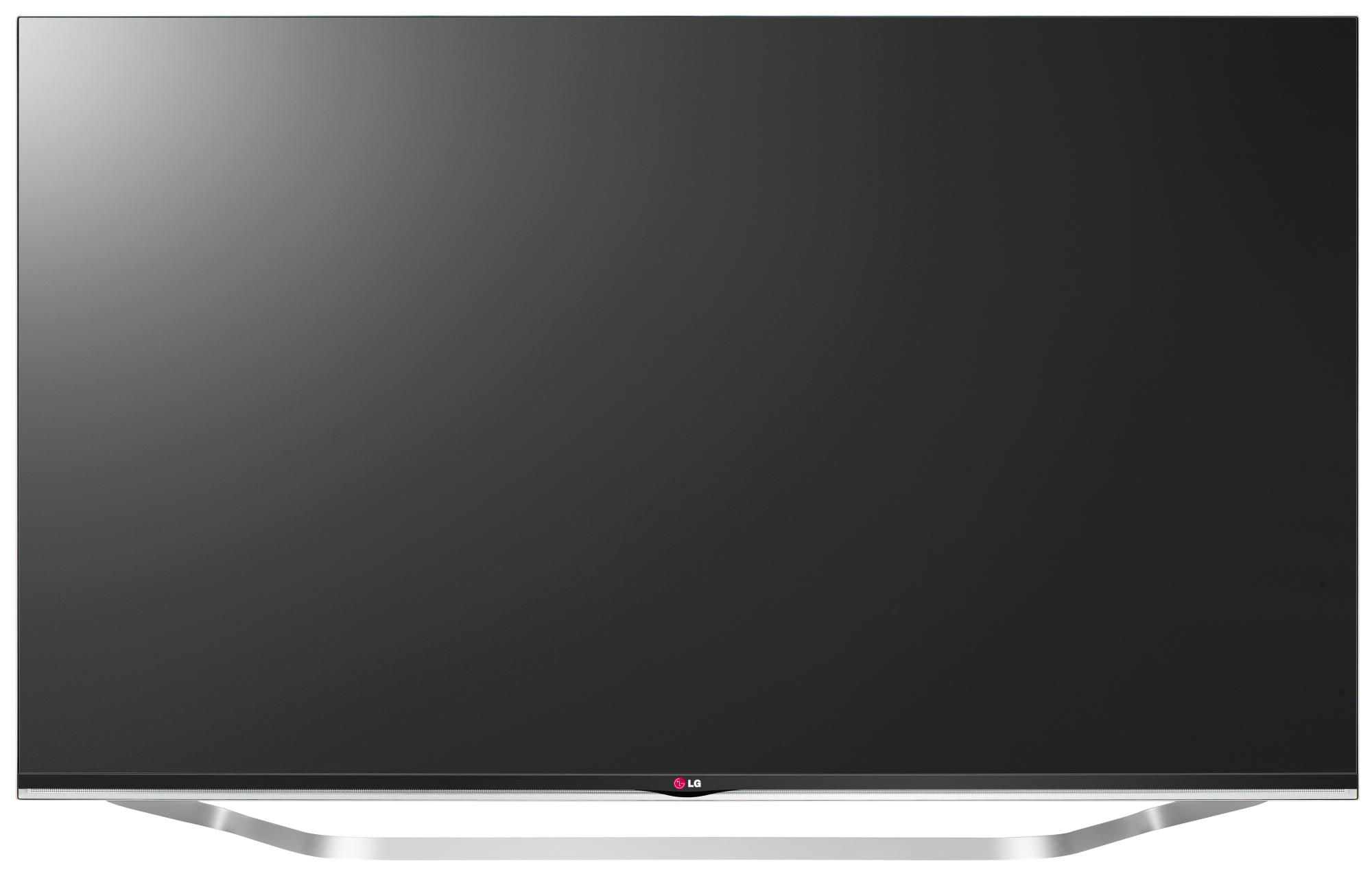 Televisor de pantalla plana grande. Pantalla negra con marco plateado y soporte curvo.
