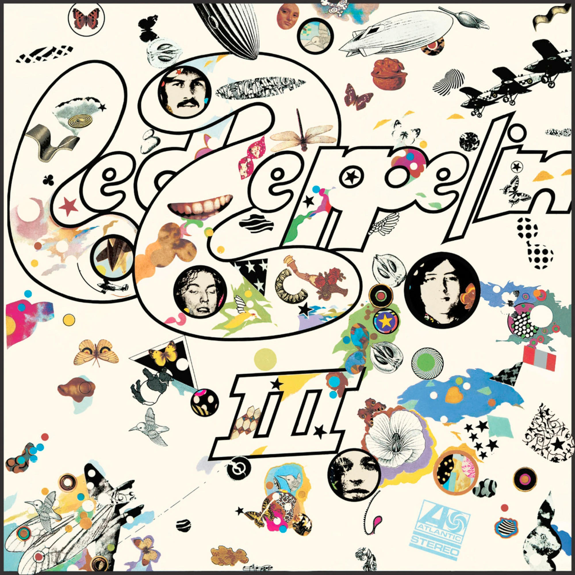 Albumcover für Led Zeppelin III, mit verschiedenen Bildern und Text auf cremefarbenem Hintergrund.