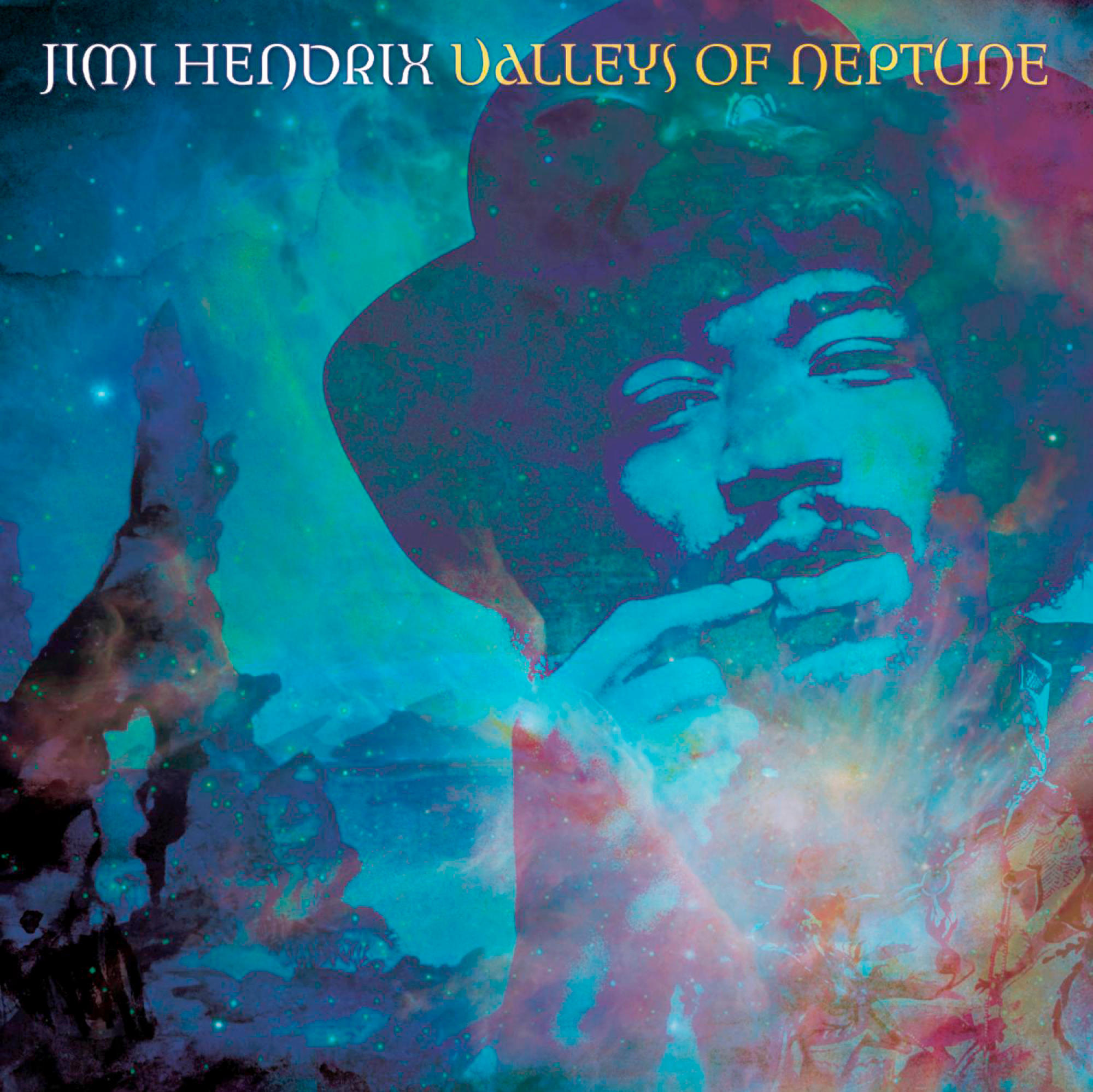 Jimi Hendrix Albumcover, mit einem Bild von Jimi Hendrix in der Mitte mit farbenfrohem Hintergrund.