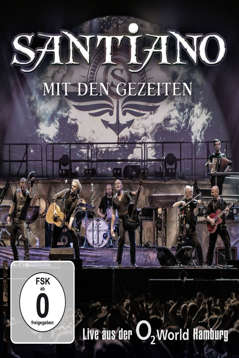 DVD-Cover von 'Santiano'. Band auf der Bühne, Publikum unten. Titel 'Mit Den Gezeiten'.