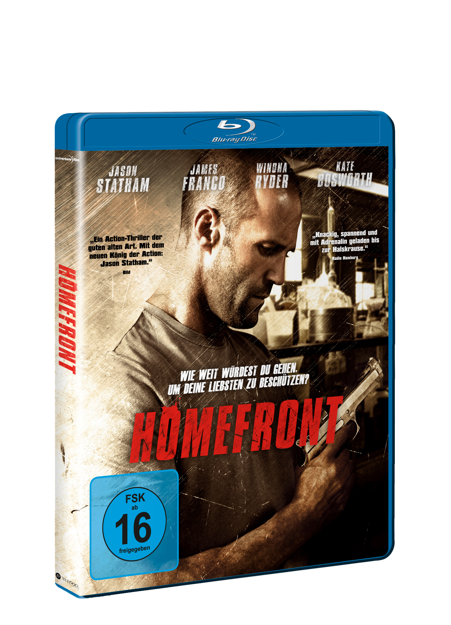 DVD-Cover von Homefront. Ein Mann mit einer Waffe schaut nach unten, der Text auf dem Cover ist Homefront.