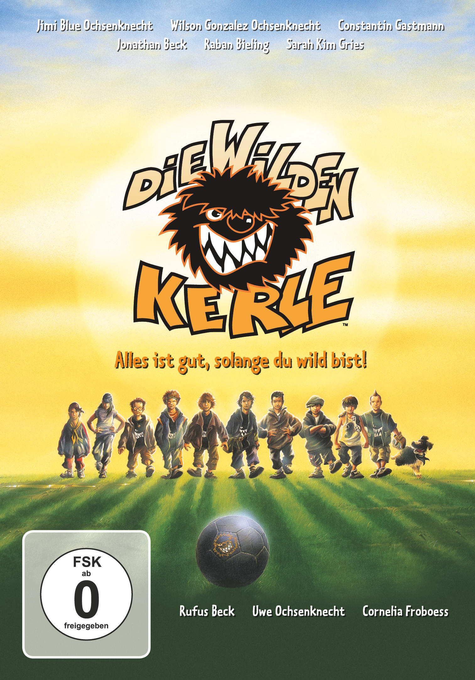 Filmposter. Eine Gruppe von Kindern steht auf einem grünen Feld. Titel: Die Wilden Kerle.