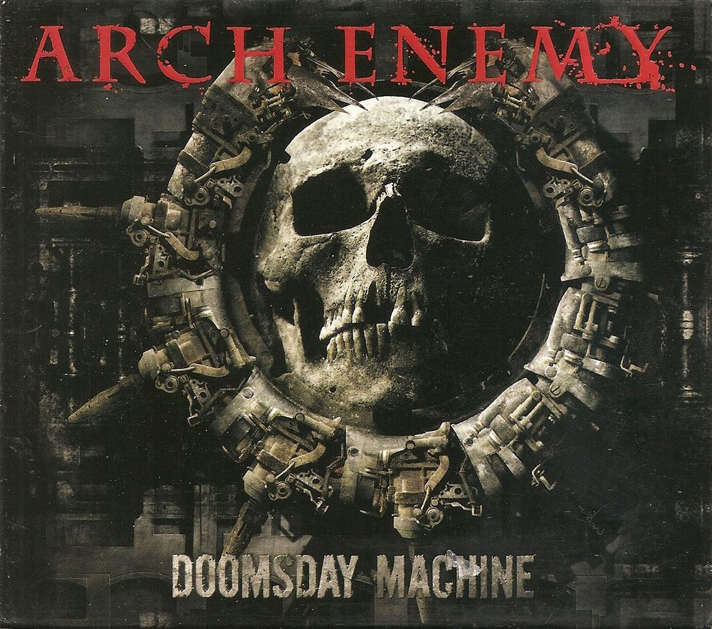 Album borító koponyával, amelyet mechanikus alkatrészek vesznek körül, "ARCH ENEMY".