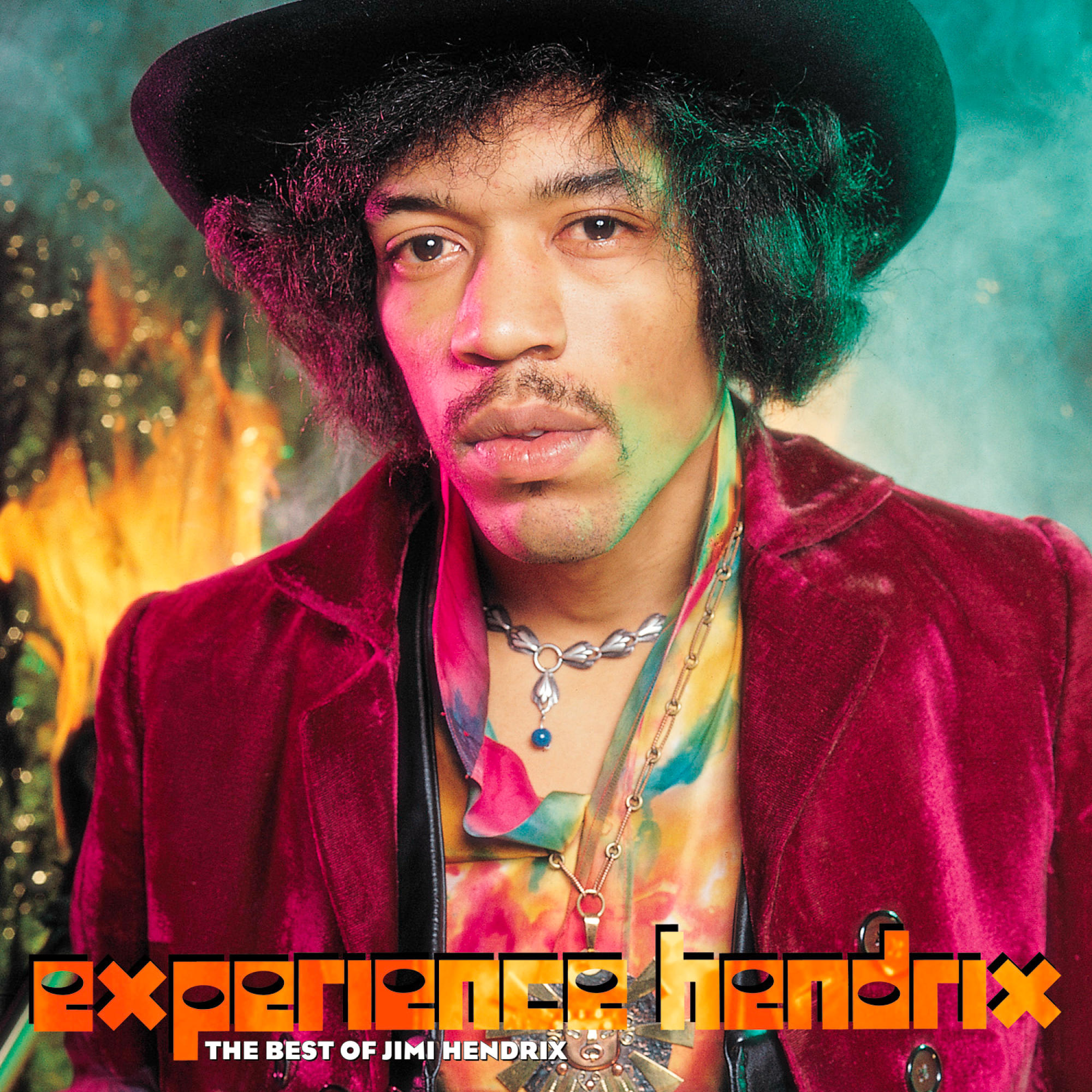 Albumcover: Jimi Hendrix. Porträt mit schwarzem Hut, roter Jacke und farbenfrohem Hemd.