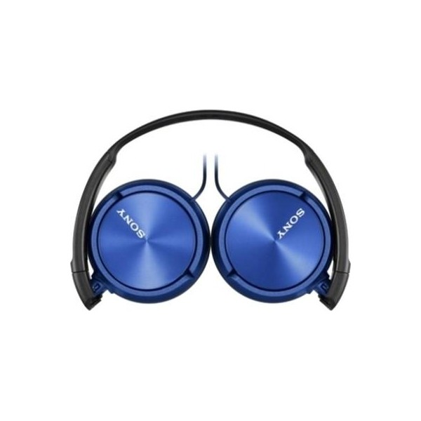 Blue Sony headphones. Circular earcups. Black headband. White background.
